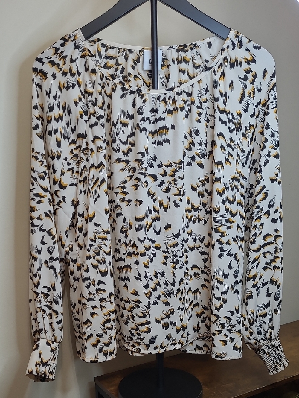 CAbi Cream Animal-Print Long-Sleeve Blouse size Small